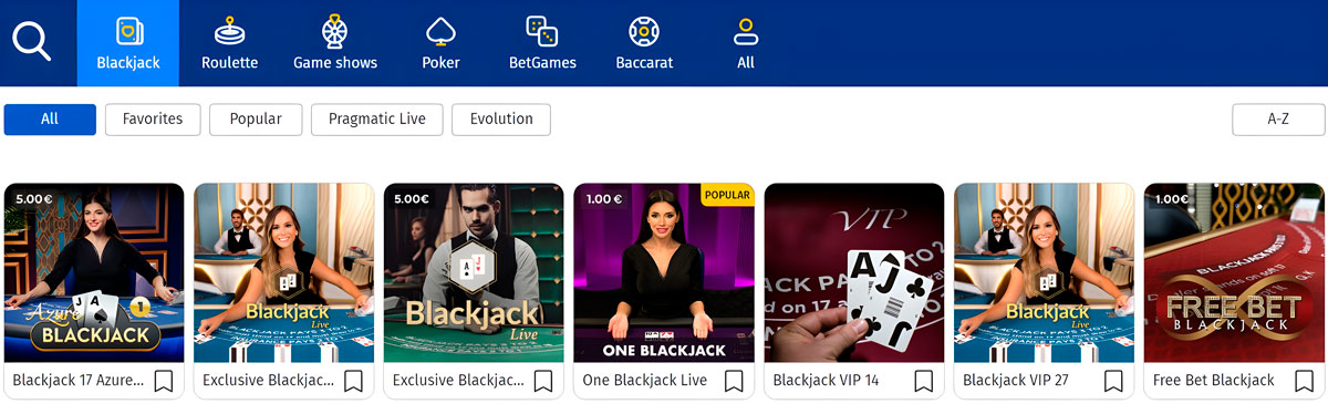 BlackJack īstu dīleru kazino